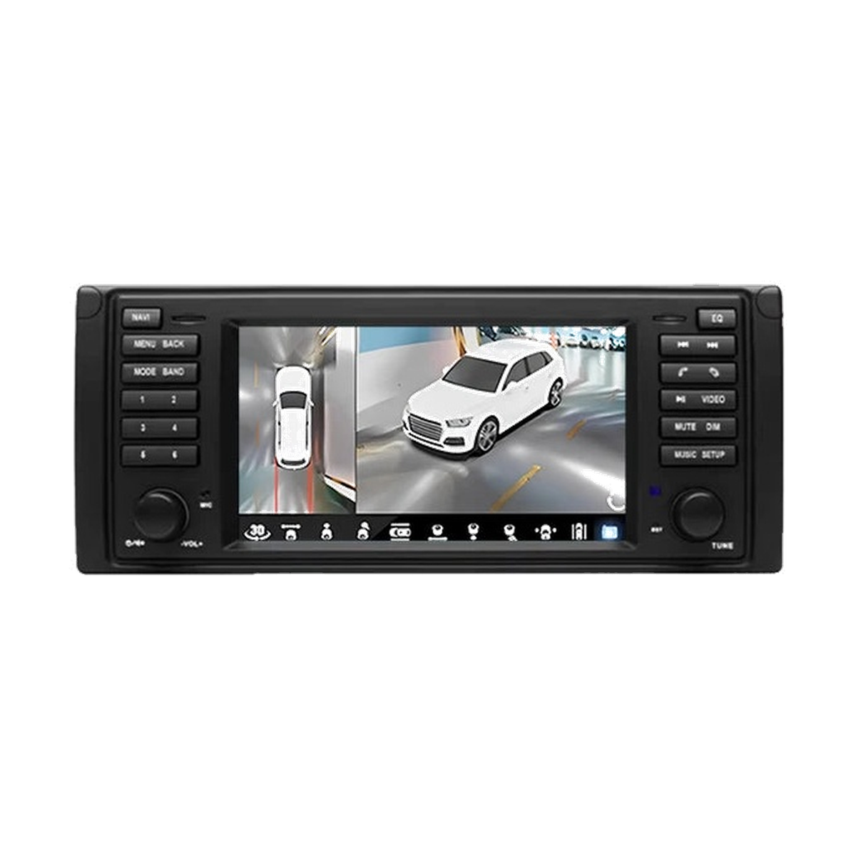 Android head unit, Version A E39 fascia, 360 camera versions, 360 camera screen, front view, for BMW E39 / X5 E53