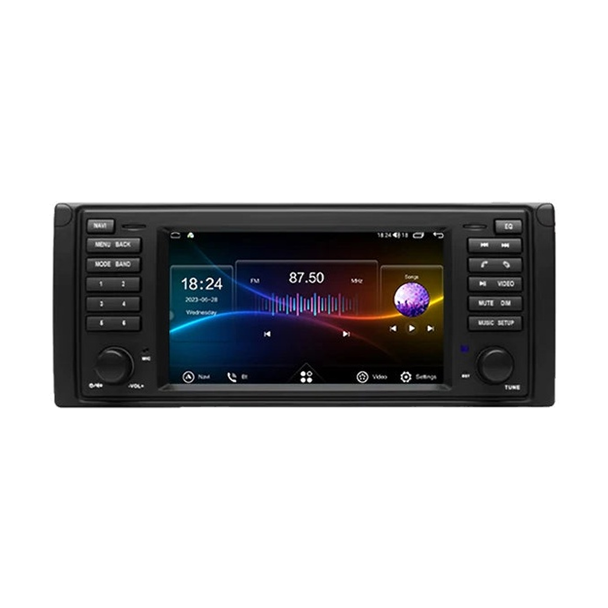 Android head unit, Version A E39 fascia, 8GB/256GB DVR, radio and music dashboard screen, front view, for BMW E39 / X5 E53