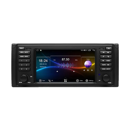Android head unit, Version A E39 fascia, 8GB/256GB DVR, radio and music dashboard screen, front view, for BMW E39 / X5 E53
