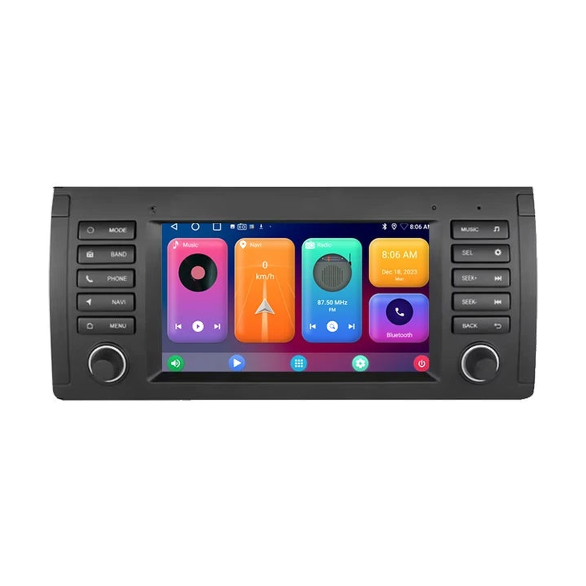 Android head unit, Version B X5 E53 fascia, 4GB/64GB AHD, home screen, front view, for BMW E39 / X5 E53