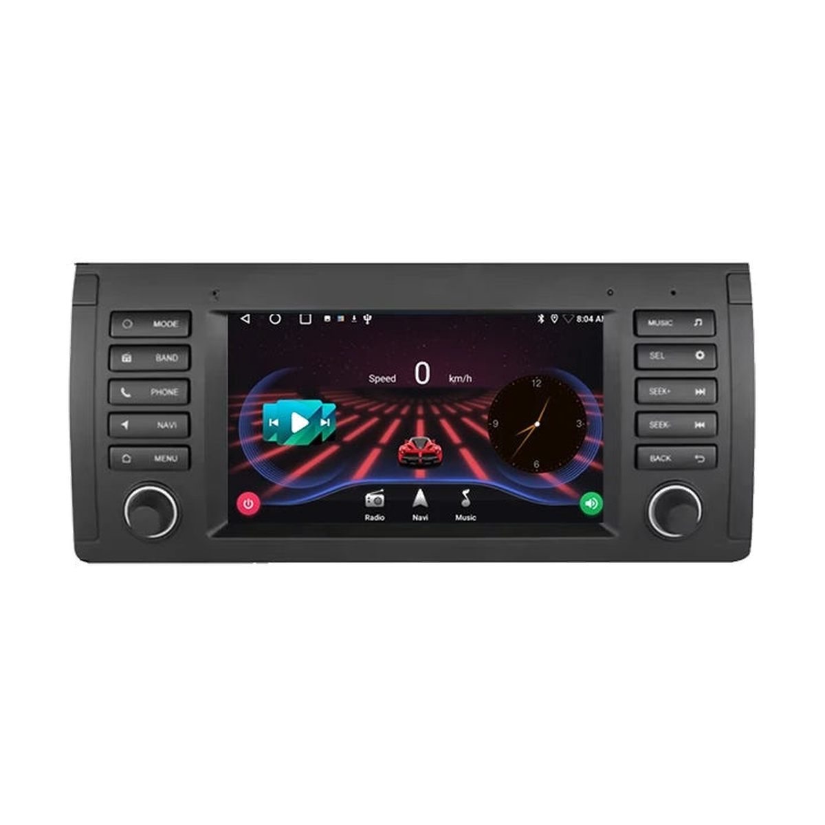 Android head unit, Version B X5 E53 fascia, 4GB/64GB DVR, speedometer screen, front view, for BMW E39 / X5 E53