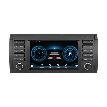 Android head unit, Version B X5 E53 fascia, 6GB/128GB AHD, digital gauge screen, front view, for BMW E39 / X5 E53