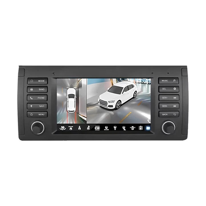 Android head unit, Version B X5 E53 fascia, 360 camera versions, 360 camera screen, front view, for BMW E39 / X5 E53