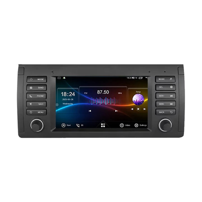 Android head unit, Version B X5 E53 fascia, 8GB/256GB DVR, radio and music dashboard screen, front view, BMW E39 / X5 E53