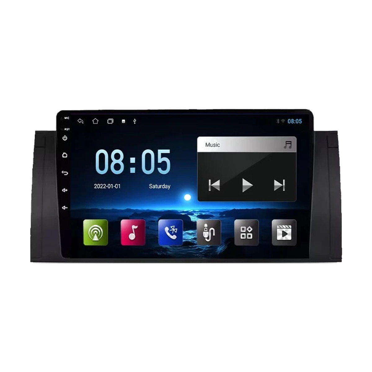 9 inch Android head unit with X5 E53 fitting frame, 2GB/32GB without CarPlay, front view, for BMW E39 / X5 E53