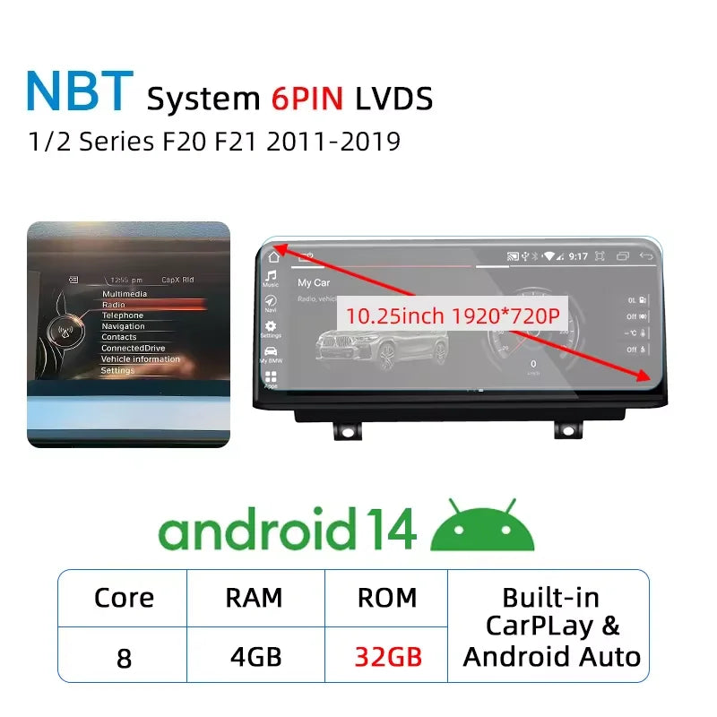 Wireless Carplay Android 14 For BMW F20 F30 F21 F22 F31 F32 F33 F34 F36 NBT EVO Multimedia Player Auto Radio Screen GPS