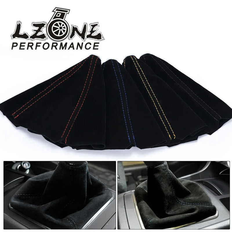 Suede gear shift boot with contrast stitching, universal fit for BMW
