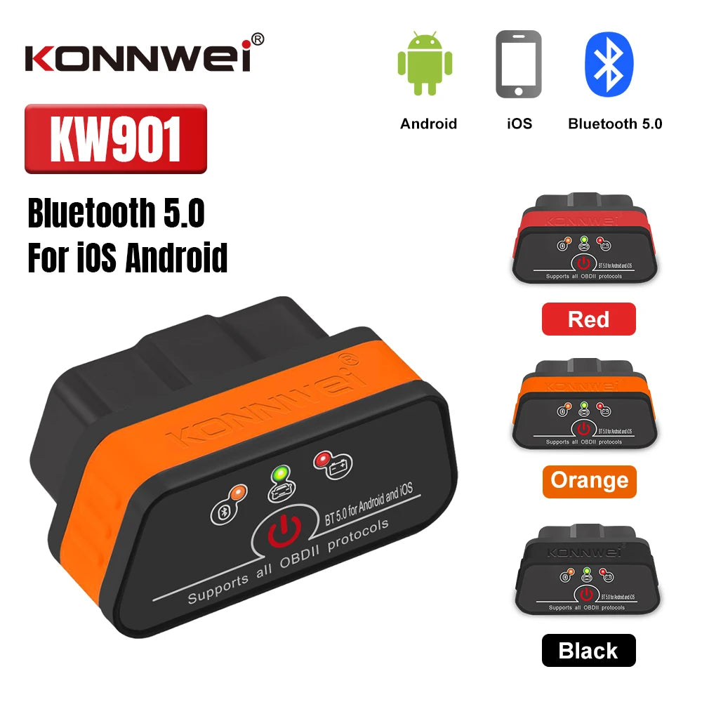 2026 New KONNWEI KW901 ELM327 V1.5 Bluetooth5.0 Car Auto OBD2 Scanner Android/IOS Car Diagnostic Tool Code Reader pk Vgate ICAR2