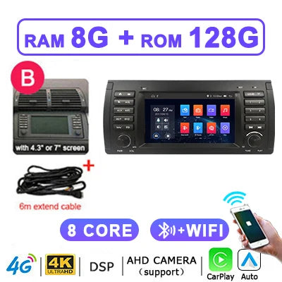 Carplay Android 15 Auto Car Radio Multimedia 7'' Screen For BMW 5 Series E39 X5 E53 M5 1995-2007 2 din autoradio Stereo 4G LTE