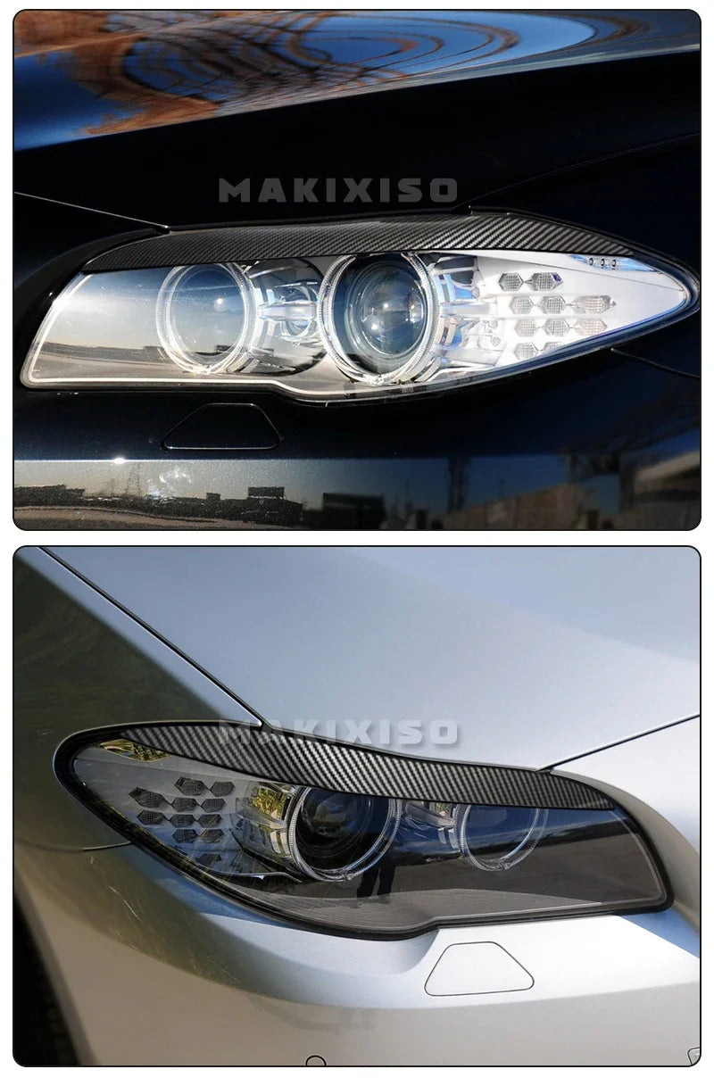2Pcs Car Front Headlight Eyelids Eyebrow Cover Trim For BMW 5 Series F10 F11 2011 2012 2013 2014 Glossy Black/Carbon Fiber