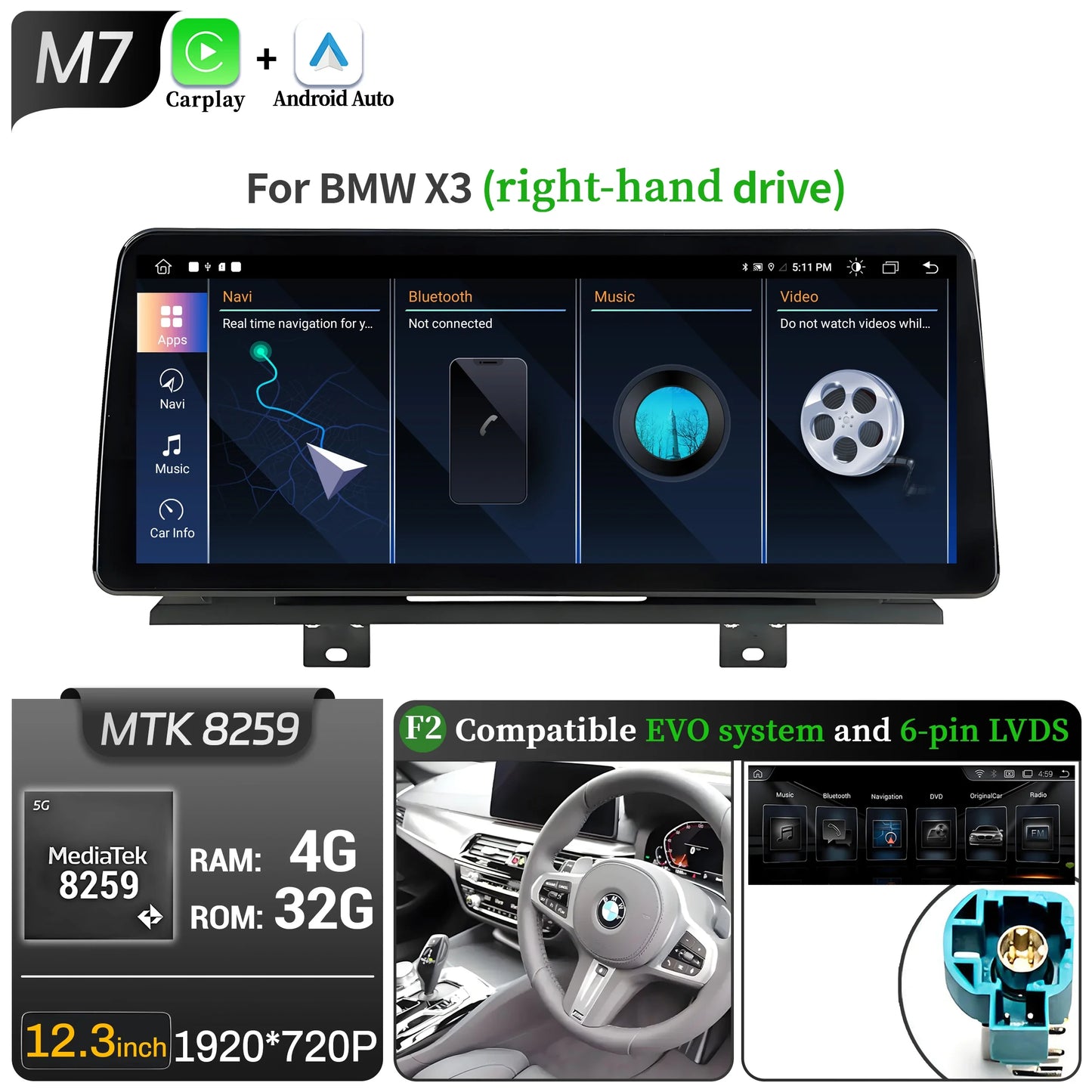 12.3 inch Android 13 For BMW X3 G01 X4 G02 2018-2022 Car Radio 4G GPS Wireless Bluetooth Carplay Snapdragon 680 Head Unit Screen
