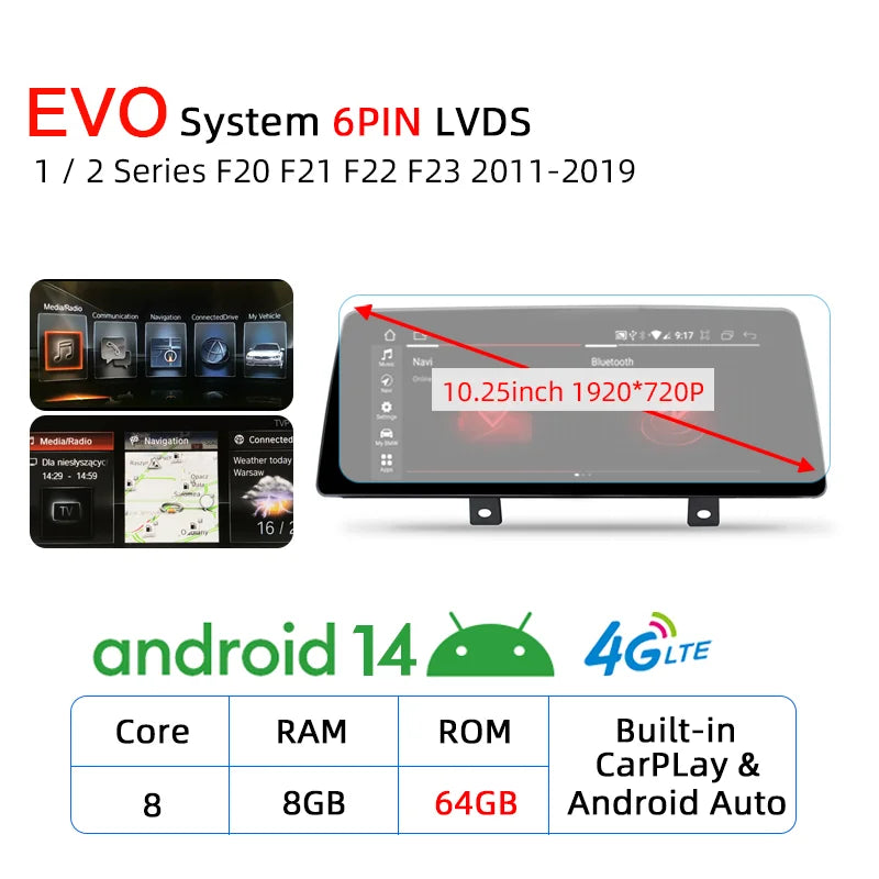 Wireless Carplay Android 14 For BMW F20 F30 F21 F22 F31 F32 F33 F34 F36 NBT EVO Multimedia Player Auto Radio Screen GPS