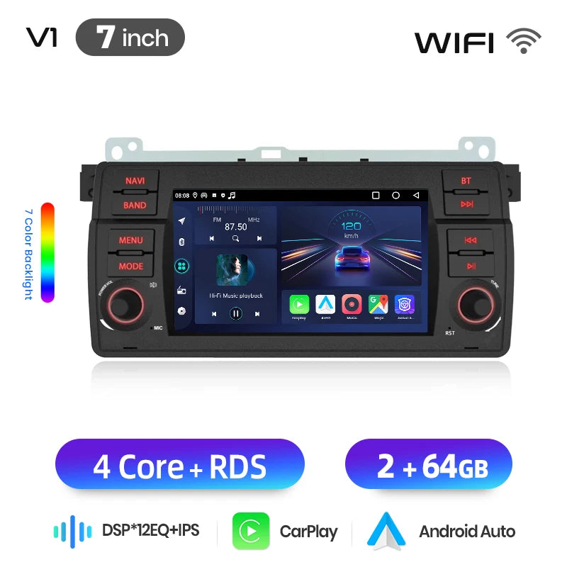Junsun 7" Wireless CarPlay Android Auto Car Radio for BMW E46 M3 318 320 325 330 335 Multimedia Wireless Apple CarPlay Smart Intelligent Systems IPS Touch Screen Stereo Video Player 2 Din Autoradio Head Unit Navigation BT GPS