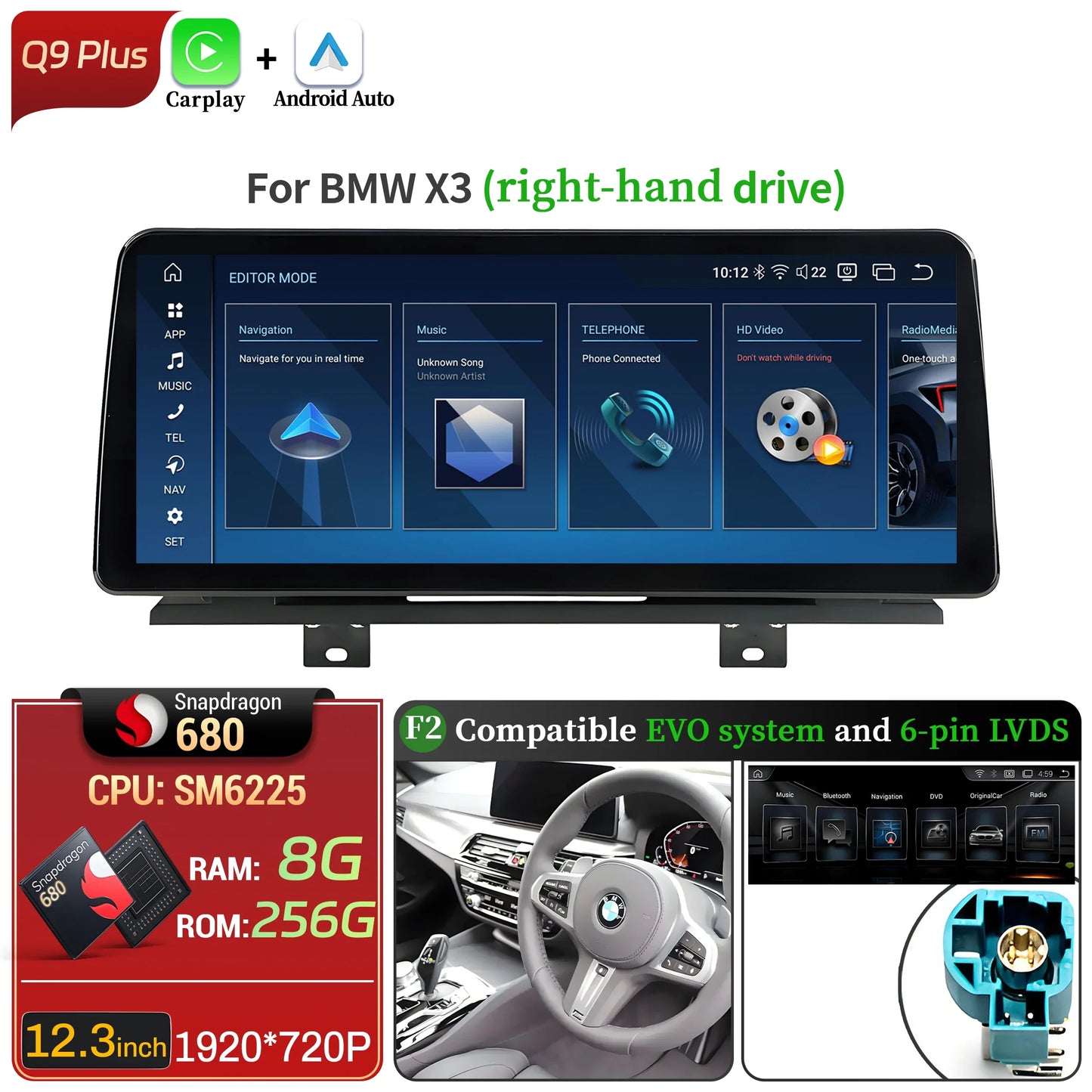 12.3 inch Android 13 For BMW X3 G01 X4 G02 2018-2022 Car Radio 4G GPS Wireless Bluetooth Carplay Snapdragon 680 Head Unit Screen