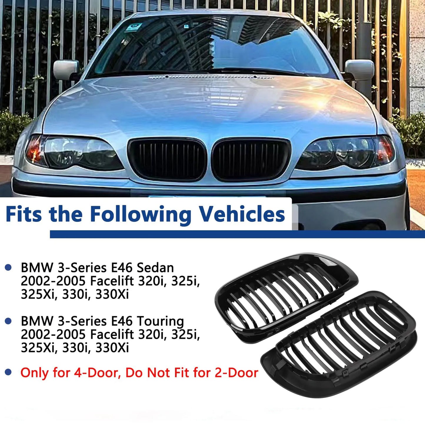 E46 Grille Front Kidney Grill For BMW 3 Series 2002-2005 E46 4-Door 320i 325i 325xi 330i 330xi Double Slats Black Grill