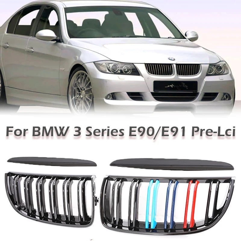 Kidney Front Grill Carbon Fiber M Color Chrome Gloss Matte Black Grille For BMW 3 Series E90 E91 Pre-Facelift 2005-2008 320i 330