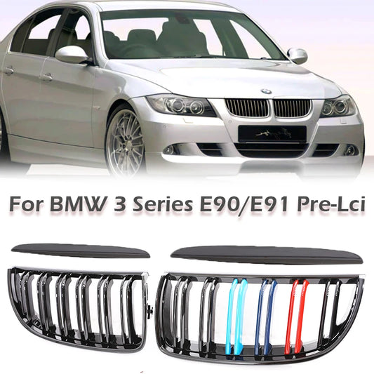 Kidney Front Grill Carbon Fiber M Color Chrome Gloss Matte Black Grille For BMW 3 Series E90 E91 Pre-Facelift 2005-2008 320i 330