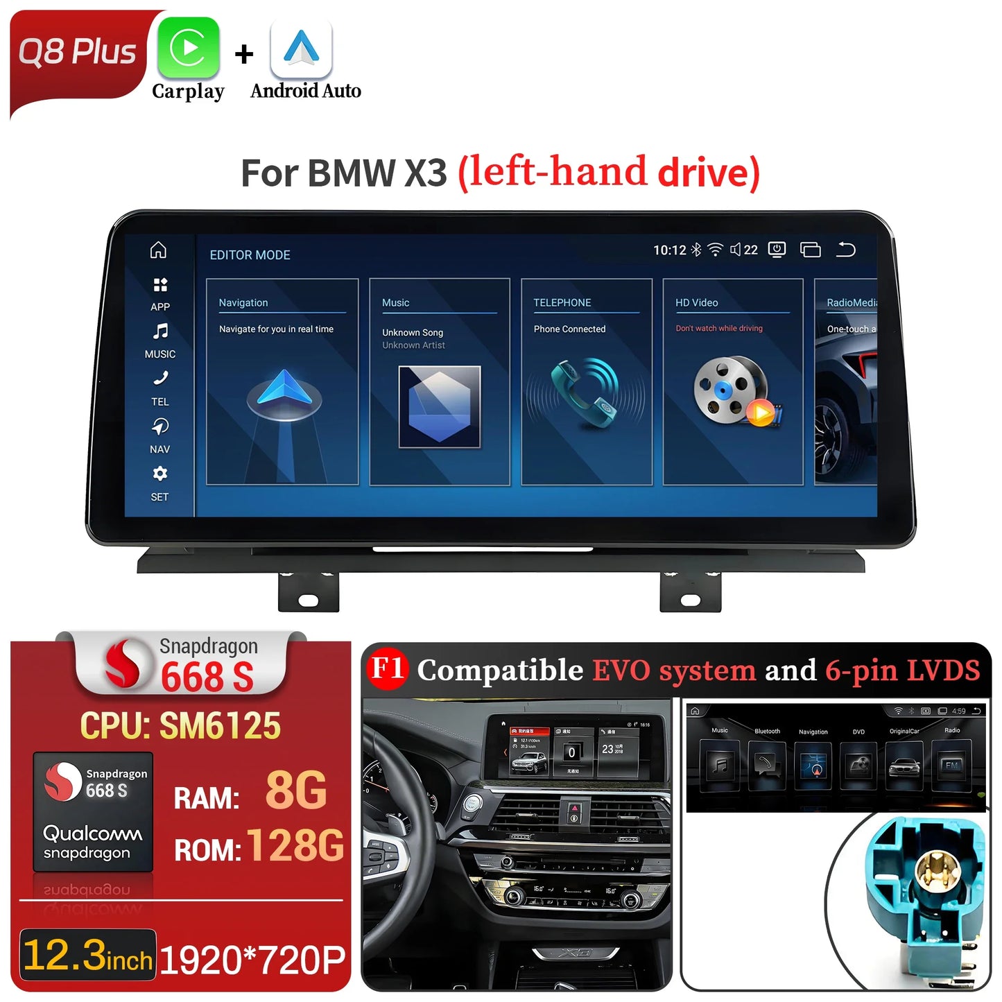 12.3 inch Android 13 For BMW X3 G01 X4 G02 2018-2022 Car Radio 4G GPS Wireless Bluetooth Carplay Snapdragon 680 Head Unit Screen