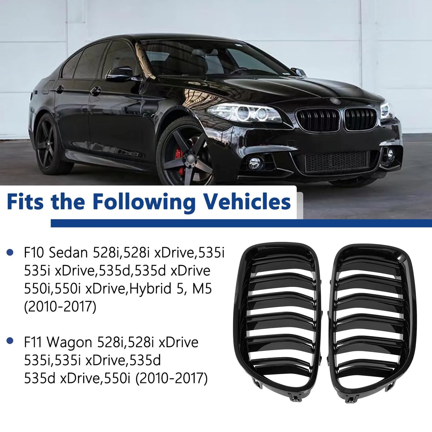 F10 Glossy Black Front Kidney Double Slat Grill Grille For BMW 5 Series F10 F11 F18 2010-2017 Dual Line Racing Grills