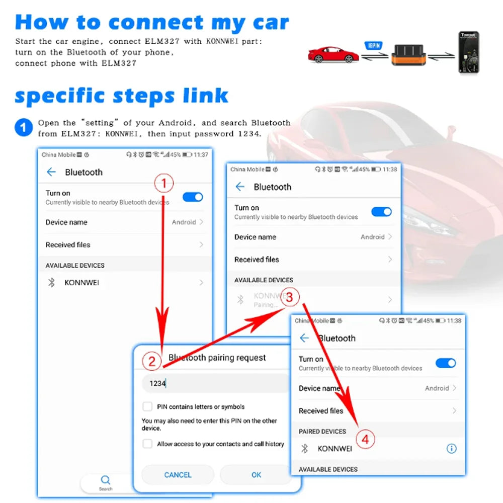 2026 New KONNWEI KW901 ELM327 V1.5 Bluetooth5.0 Car Auto OBD2 Scanner Android/IOS Car Diagnostic Tool Code Reader pk Vgate ICAR2