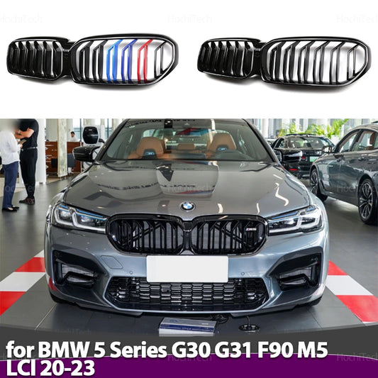 For BMW 5 Series G30 G38 G31 F90 M5 LCI 2020-2023 Car Front Bumper Grille Racing Grills Replacement 2 Slat Gloss Black Grilles