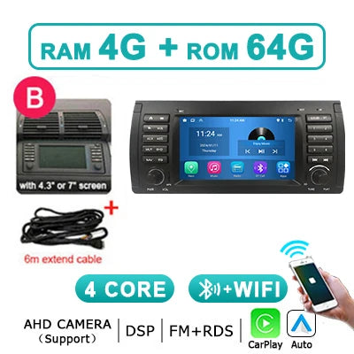 Carplay Android 15 Auto Car Radio Multimedia 7'' Screen For BMW 5 Series E39 X5 E53 M5 1995-2007 2 din autoradio Stereo 4G LTE
