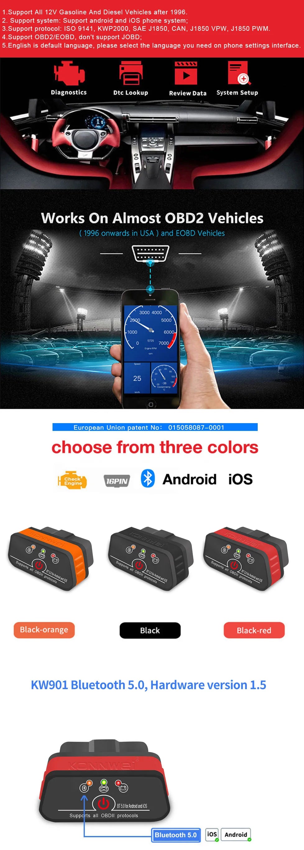 2026 New KONNWEI KW901 ELM327 V1.5 Bluetooth5.0 Car Auto OBD2 Scanner Android/IOS Car Diagnostic Tool Code Reader pk Vgate ICAR2