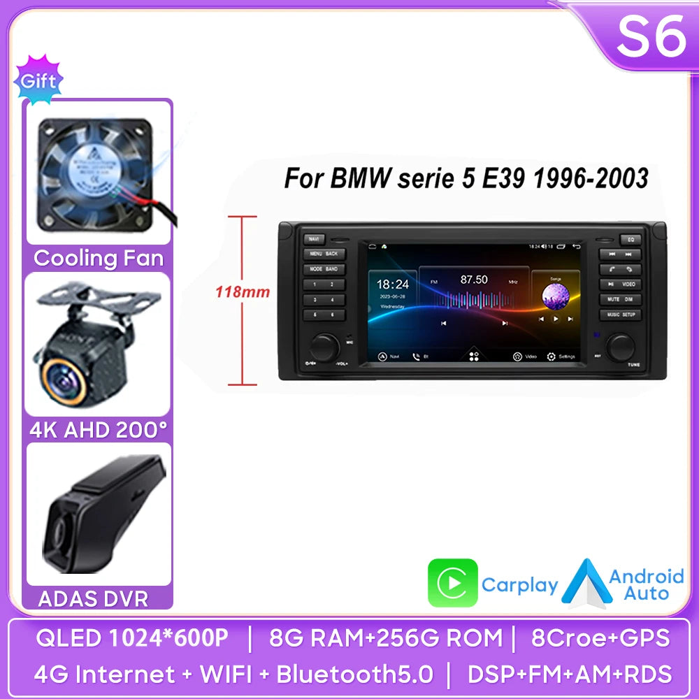 7 inch Android Auto car Radio GPS Navigation For BMW 5 Series E39 X5 E53 M5 1996-2003 Multimedia Player Video 4G WIFI 2din DVD