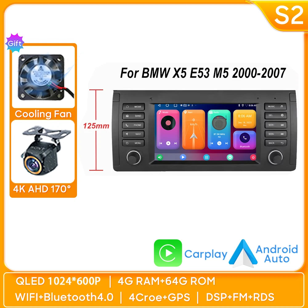 7 inch Android Auto car Radio GPS Navigation For BMW 5 Series E39 X5 E53 M5 1996-2003 Multimedia Player Video 4G WIFI 2din DVD