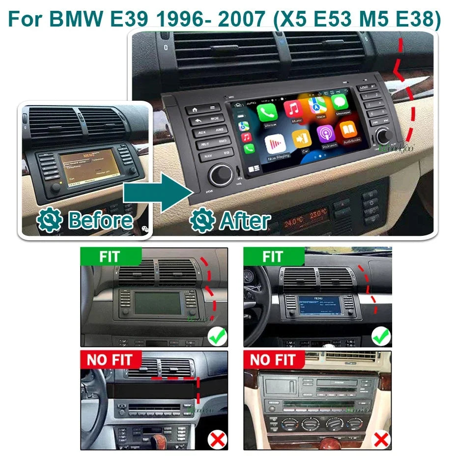 Carplay Android 15 Auto Car Radio Multimedia 7'' Screen For BMW 5 Series E39 X5 E53 M5 1995-2007 2 din autoradio Stereo 4G LTE