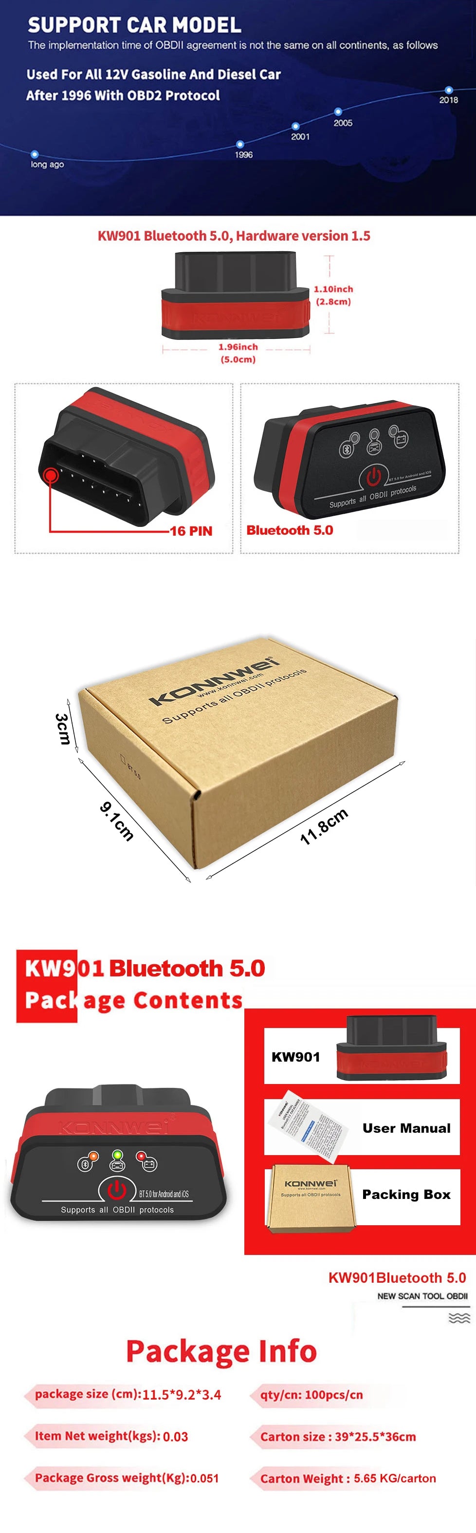 2026 New KONNWEI KW901 ELM327 V1.5 Bluetooth5.0 Car Auto OBD2 Scanner Android/IOS Car Diagnostic Tool Code Reader pk Vgate ICAR2