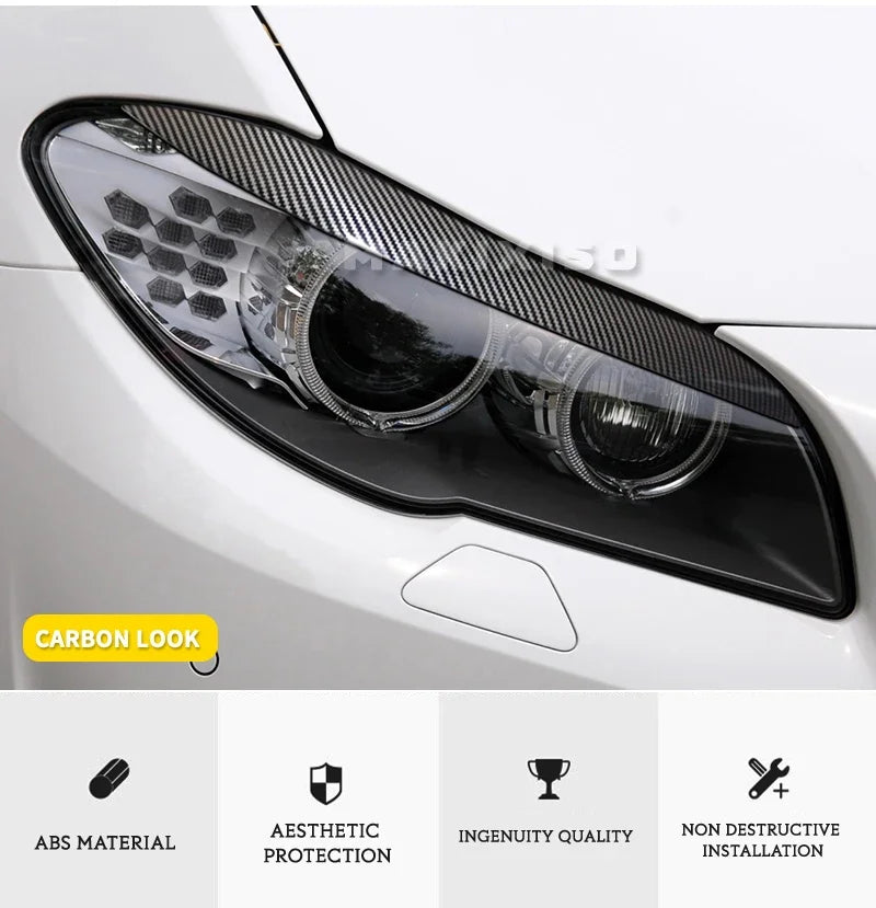 2Pcs Car Front Headlight Eyelids Eyebrow Cover Trim For BMW 5 Series F10 F11 2011 2012 2013 2014 Glossy Black/Carbon Fiber