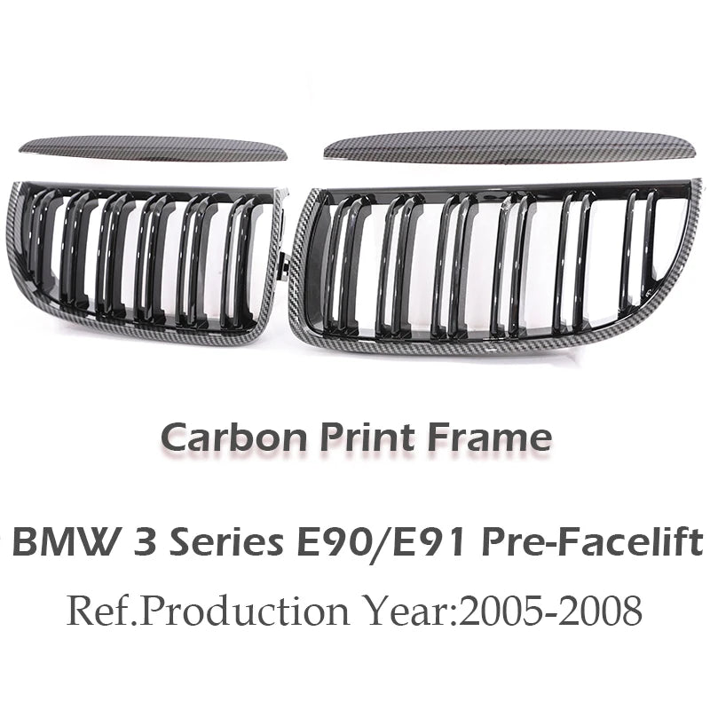 Kidney Front Grill Carbon Fiber M Color Chrome Gloss Matte Black Grille For BMW 3 Series E90 E91 Pre-Facelift 2005-2008 320i 330