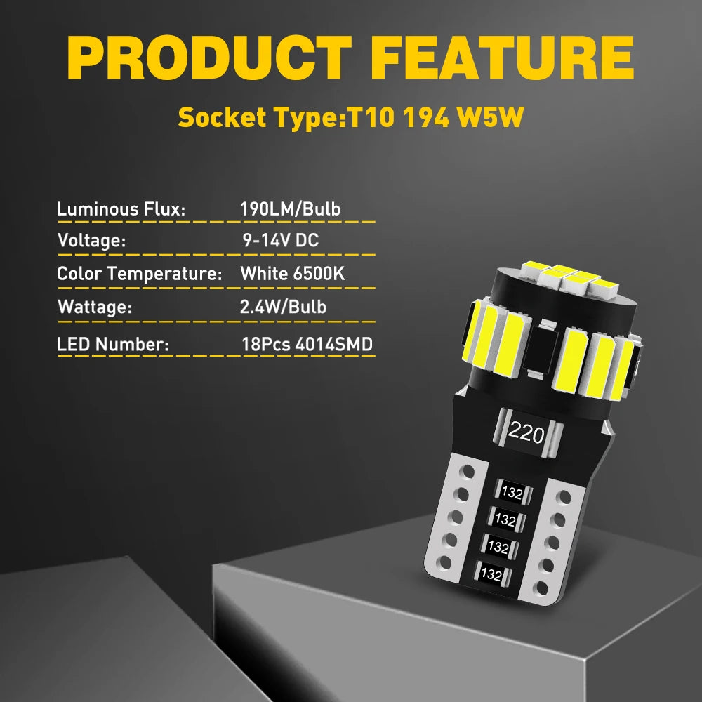 AUXITO 10/8/6/4/2Pcs Canbus 194 501 T10 W5W LED Bulb No Error 5W5 SMD 4014 Chip Car Interior Lamp Instrument Lights Pure White