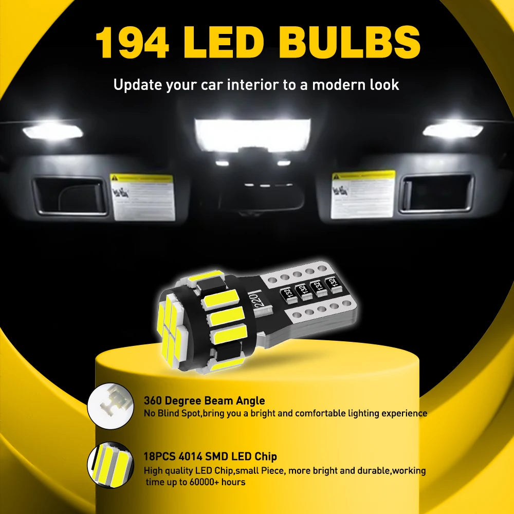 AUXITO 10/8/6/4/2Pcs Canbus 194 501 T10 W5W LED Bulb No Error 5W5 SMD 4014 Chip Car Interior Lamp Instrument Lights Pure White