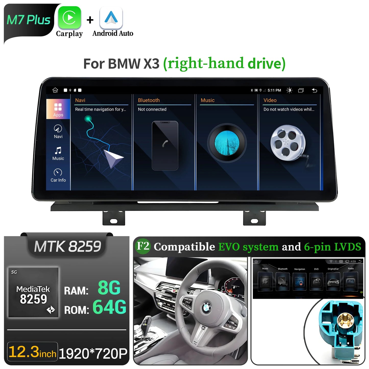 12.3 inch Android 13 For BMW X3 G01 X4 G02 2018-2022 Car Radio 4G GPS Wireless Bluetooth Carplay Snapdragon 680 Head Unit Screen