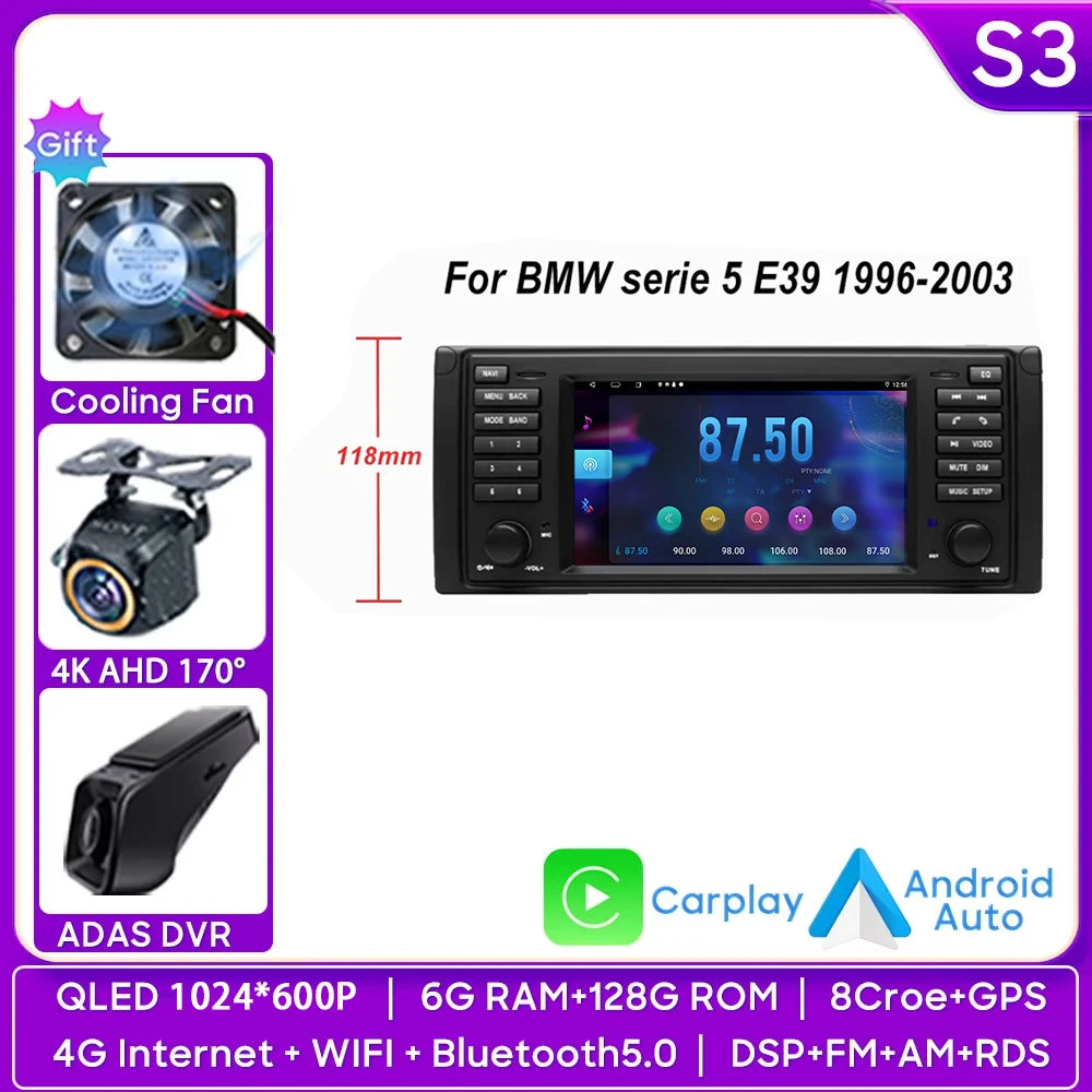 7 inch Android Auto car Radio GPS Navigation For BMW 5 Series E39 X5 E53 M5 1996-2003 Multimedia Player Video 4G WIFI 2din DVD