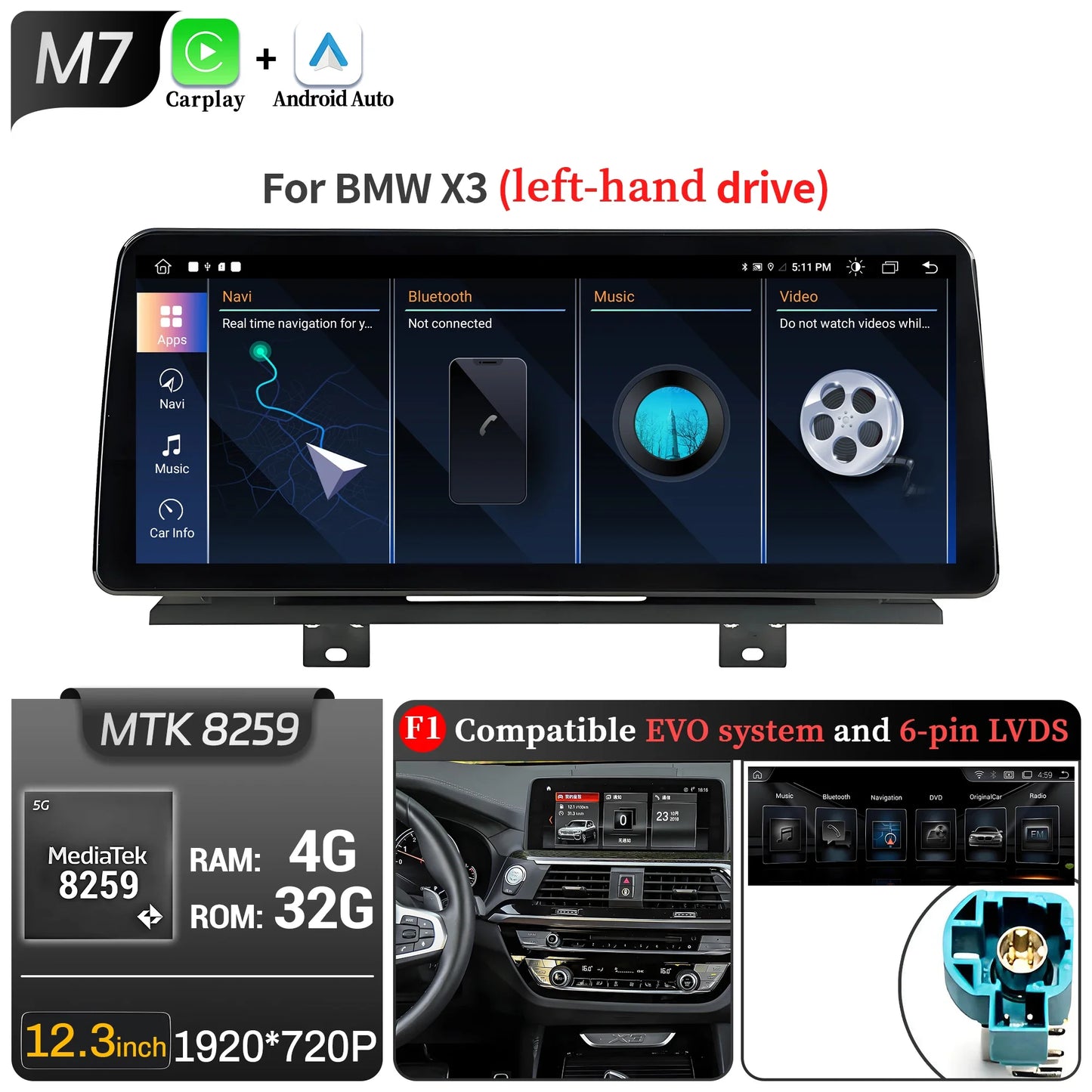 12.3 inch Android 13 For BMW X3 G01 X4 G02 2018-2022 Car Radio 4G GPS Wireless Bluetooth Carplay Snapdragon 680 Head Unit Screen