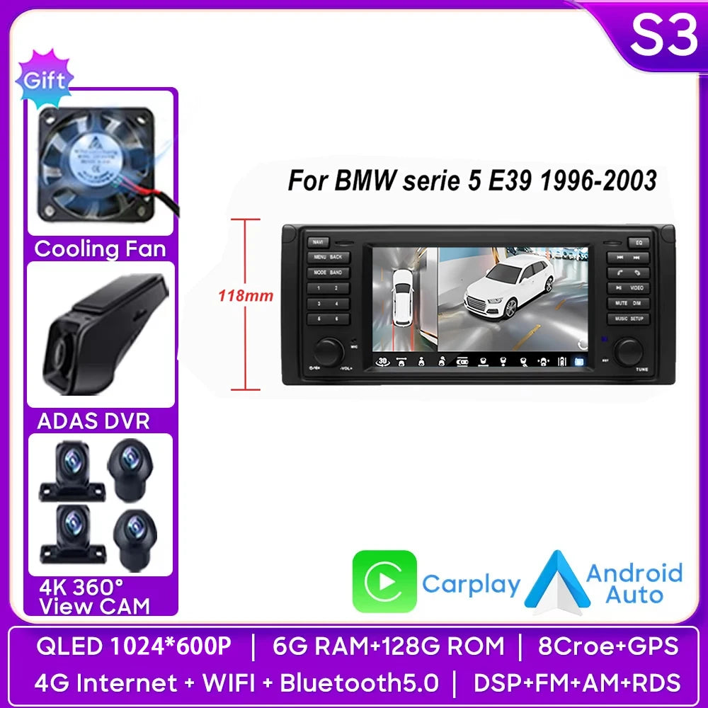 7 inch Android Auto car Radio GPS Navigation For BMW 5 Series E39 X5 E53 M5 1996-2003 Multimedia Player Video 4G WIFI 2din DVD