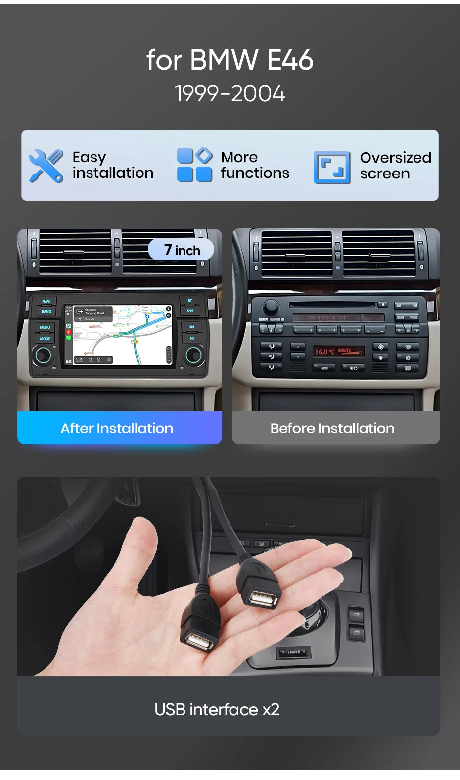 Junsun 7" Wireless CarPlay Android Auto Car Radio for BMW E46 M3 318 320 325 330 335 Multimedia Wireless Apple CarPlay Smart Intelligent Systems IPS Touch Screen Stereo Video Player 2 Din Autoradio Head Unit Navigation BT GPS
