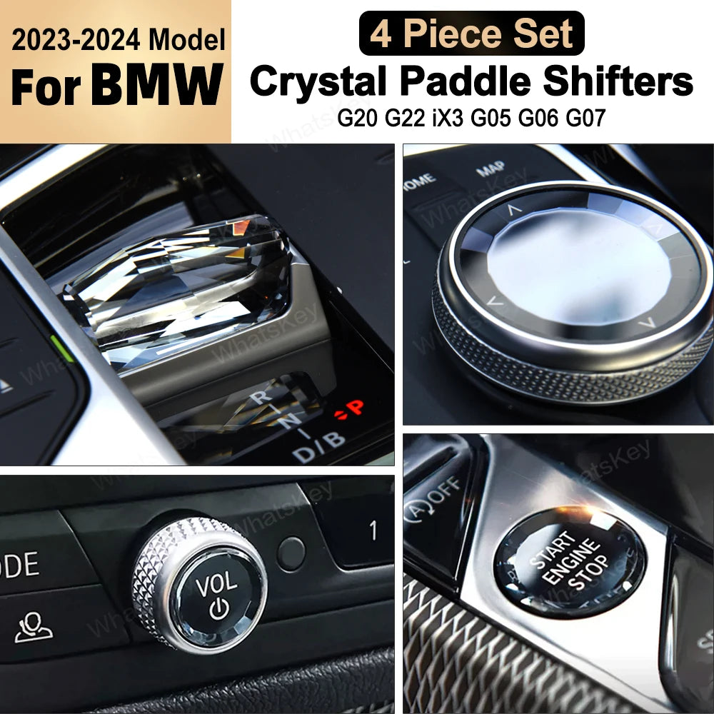 4 Piece Set Crystal Gear Paddle Shifter Knob Metal Base For BMW G20 G21 G22 G23 G26 G28 IX3 G08 X5 G05 X6 G06 X7 G07 2023 2024