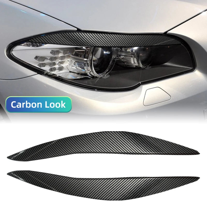 2Pcs Car Front Headlight Eyelids Eyebrow Cover Trim For BMW 5 Series F10 F11 2011 2012 2013 2014 Glossy Black/Carbon Fiber