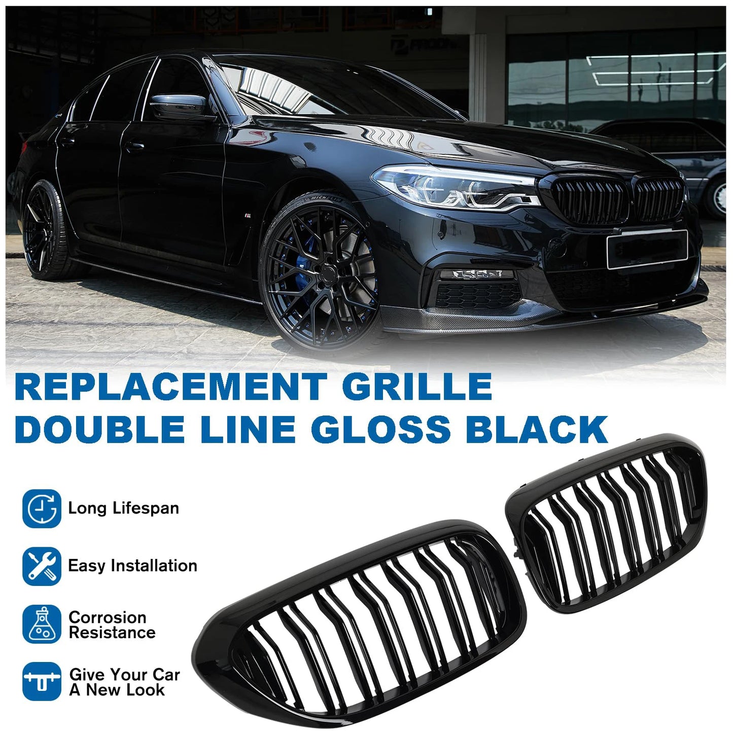 Glossy Black Car Front Kidney Grille Grill For BMW 5 Series M5 G30 G31 G38 520i 530i 540i 2017-2020 2-Slat Front Bumper Grill