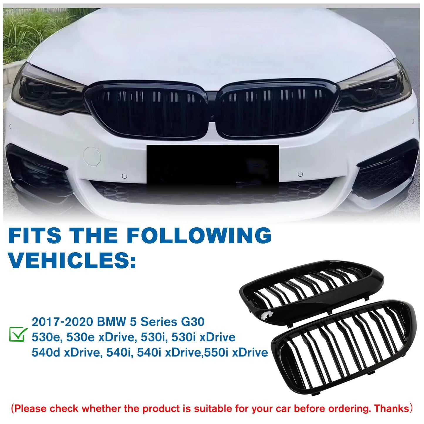 Glossy Black Car Front Kidney Grille Grill For BMW 5 Series M5 G30 G31 G38 520i 530i 540i 2017-2020 2-Slat Front Bumper Grill