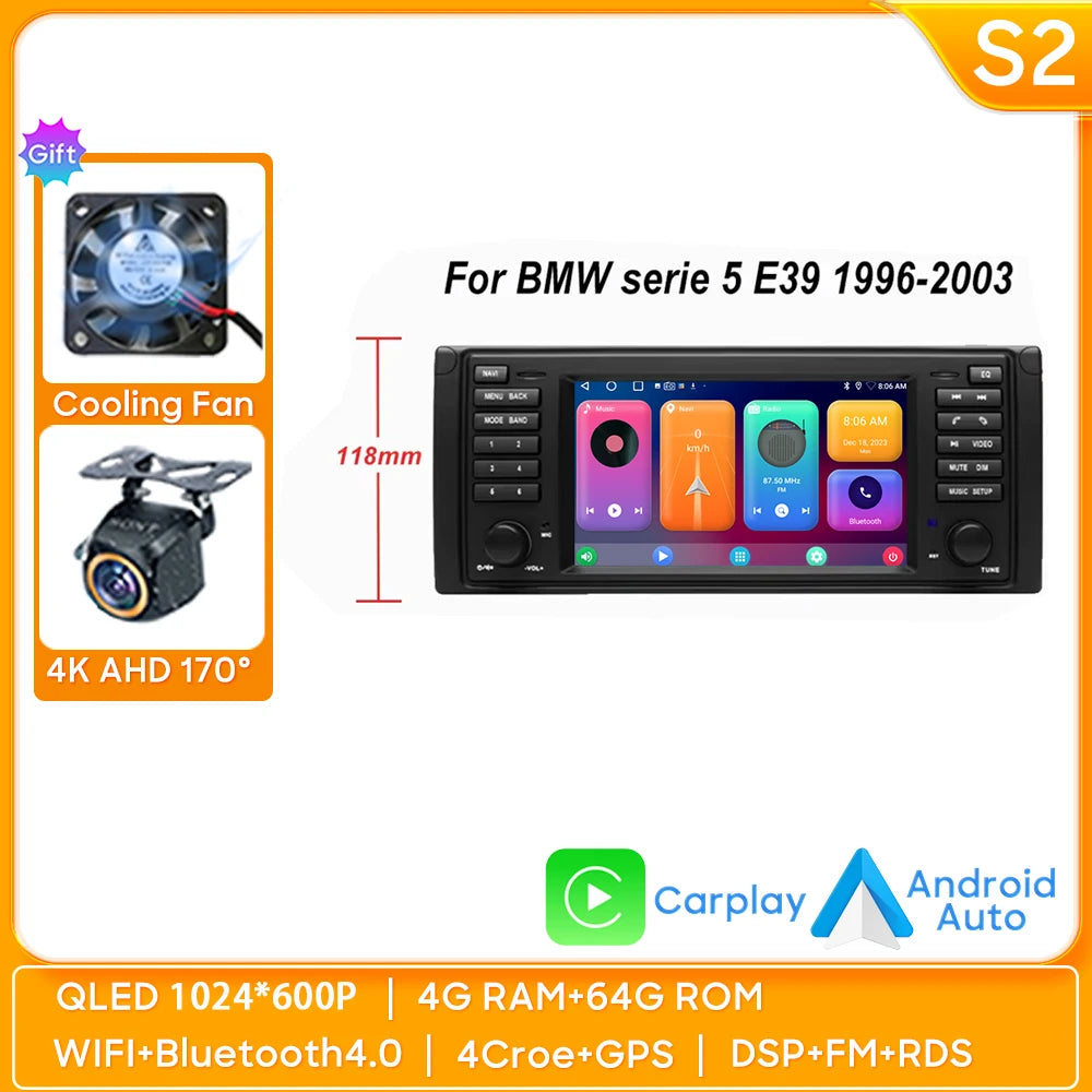 7 inch Android Auto car Radio GPS Navigation For BMW 5 Series E39 X5 E53 M5 1996-2003 Multimedia Player Video 4G WIFI 2din DVD