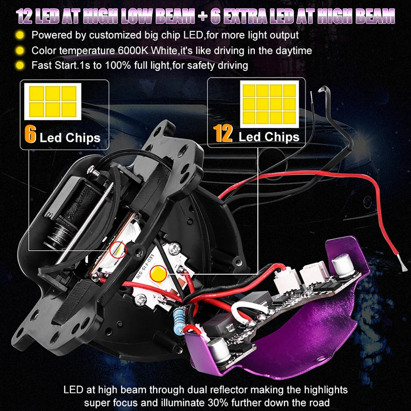 12+6pc Chips 3.0 Inch Bi Led Projector Lens Halo Lights H4 H7 9005 9006 Car Headlights Hella 3R G5 Angel Eyes High Low Beam LED