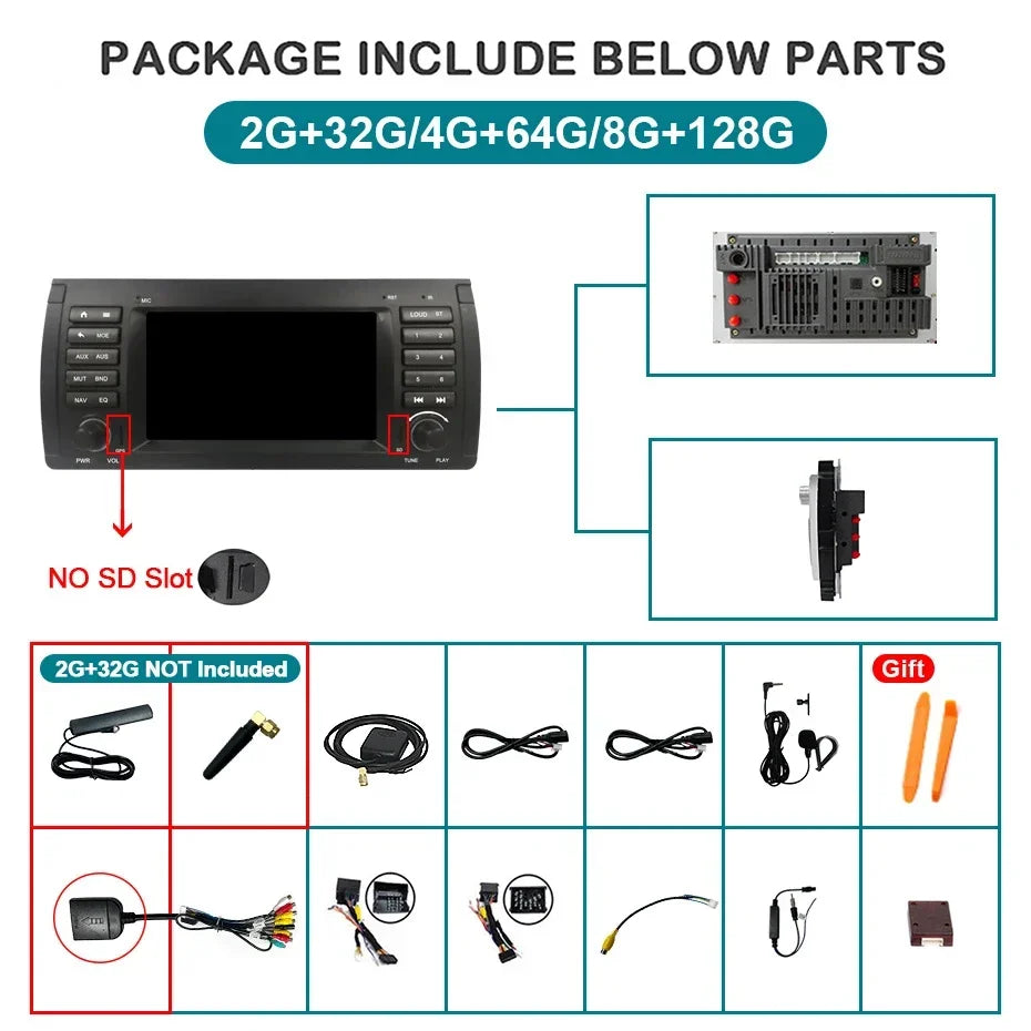 Carplay Android 15 Auto Car Radio Multimedia 7'' Screen For BMW 5 Series E39 X5 E53 M5 1995-2007 2 din autoradio Stereo 4G LTE