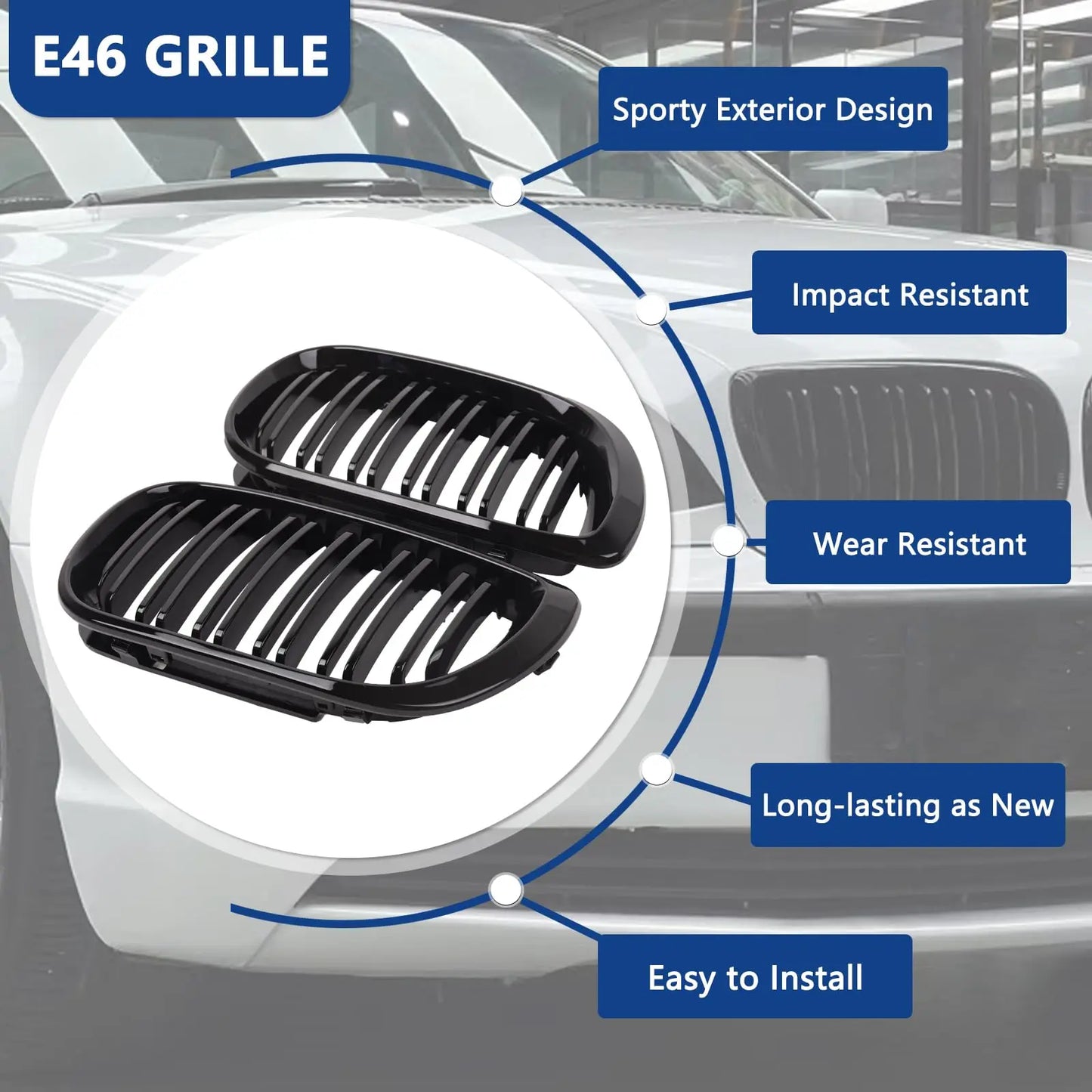 E46 Grille Front Kidney Grill For BMW 3 Series 2002-2005 E46 4-Door 320i 325i 325xi 330i 330xi Double Slats Black Grill