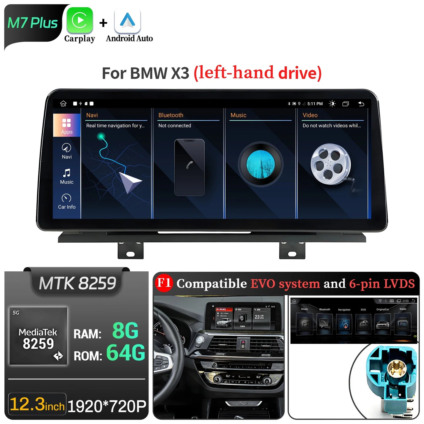12.3 inch Android 13 For BMW X3 G01 X4 G02 2018-2022 Car Radio 4G GPS Wireless Bluetooth Carplay Snapdragon 680 Head Unit Screen