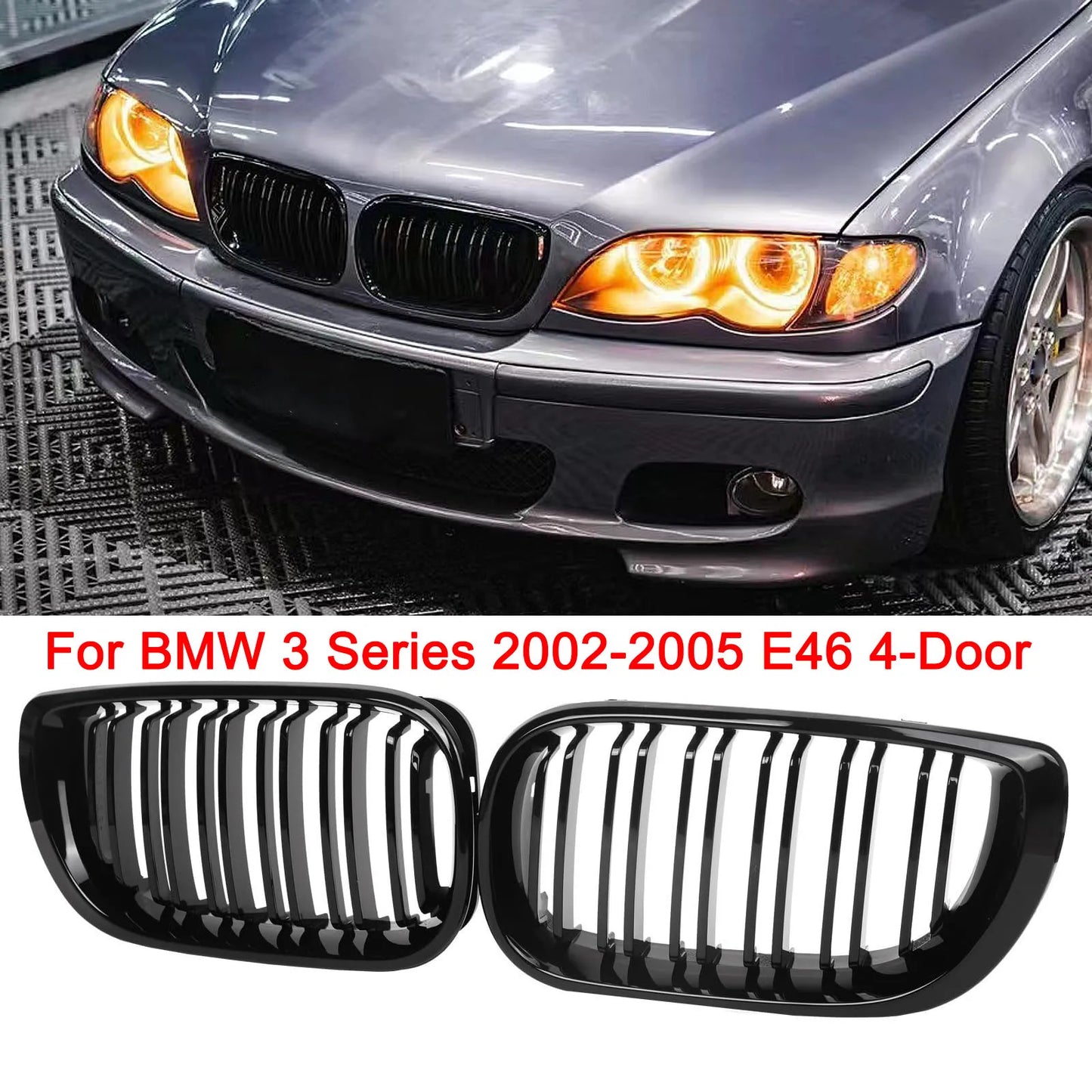 E46 Grille Front Kidney Grill For BMW 3 Series 2002-2005 E46 4-Door 320i 325i 325xi 330i 330xi Double Slats Black Grill